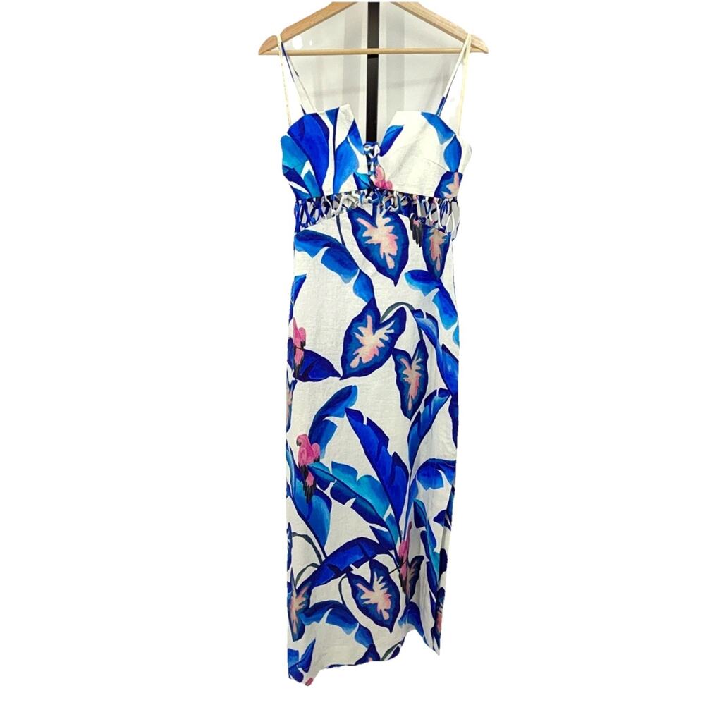 NWT FARM RIO Linen Foliage Maxi Dress Size S Blue White Floral Lace Details - Picture 5 of 13